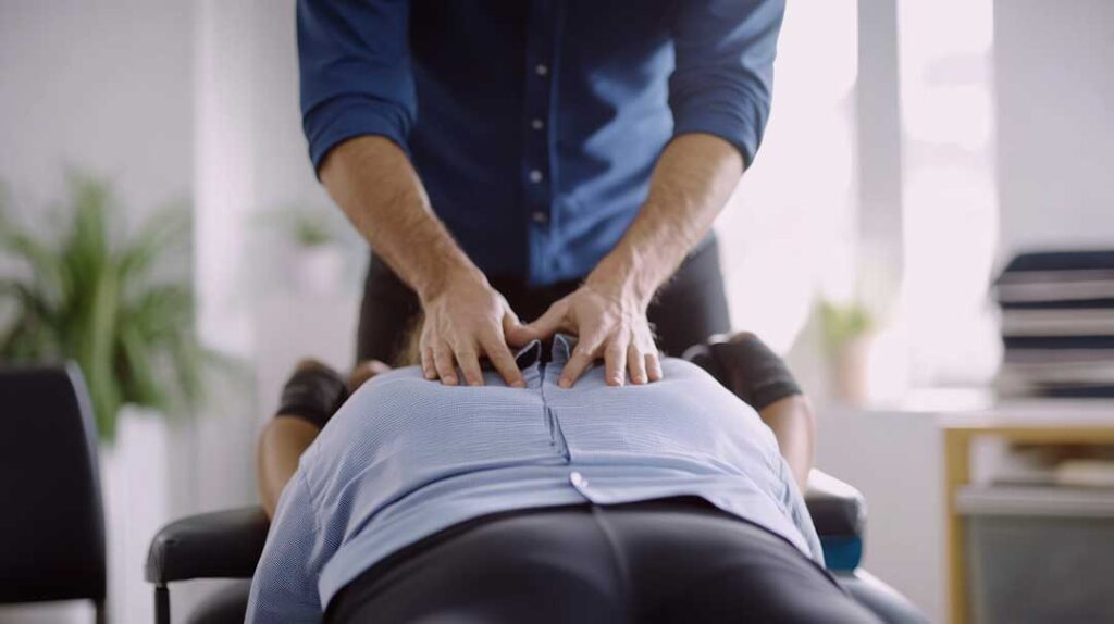 Pregnant woman sitting comfortably on a padded chiropractic table during a gentle wellness check.
